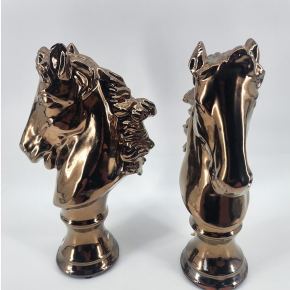 Other - Vintage Bronze Metallic Ceramic Horse Head Bust Statues Pair Chess Knight Style